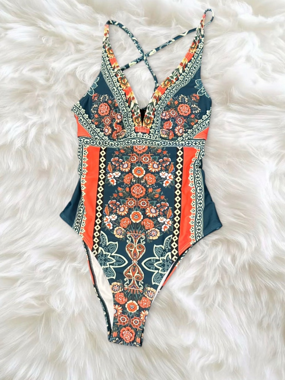 Unk Women's One-Piece Swimsuit in Teal and Coral Floral Print